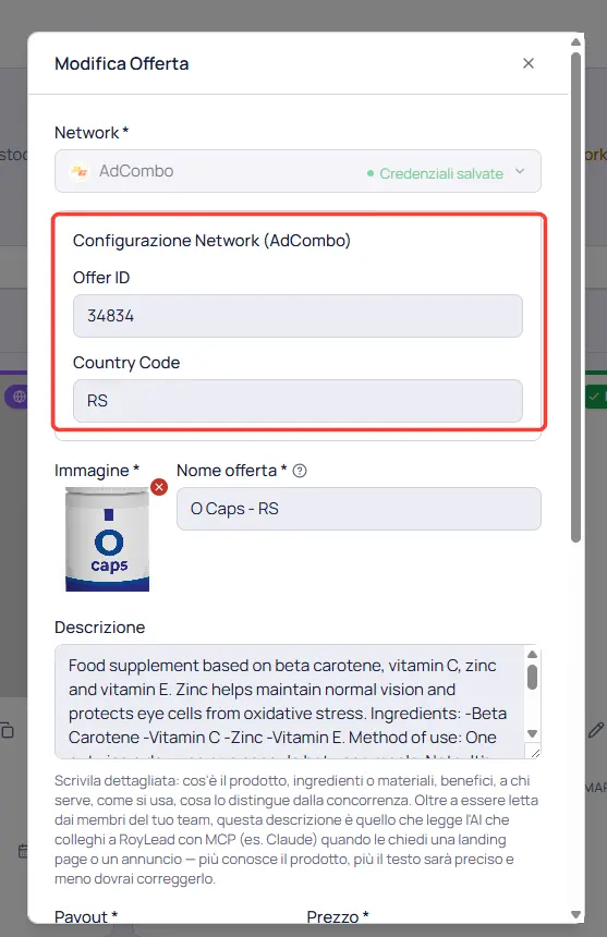 The offer form with AdCombo selected: the Network Configuration box with Offer ID and Country Code