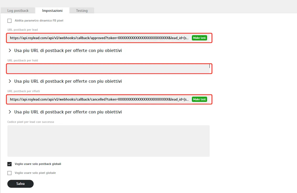 AdCombo's Postback → Settings page with the URLs pasted into the three fields
