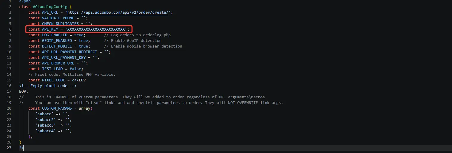 An AdCombo landing's config.php file: the API_KEY constant (redacted here) is your key