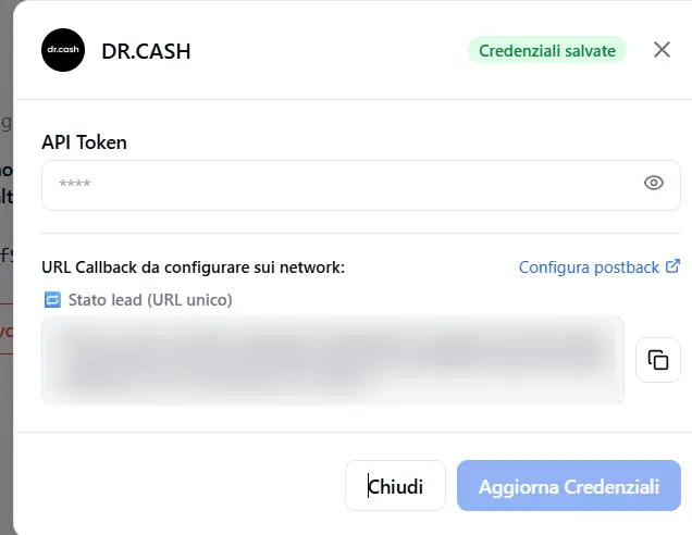 The DR.CASH card: at the top the «API Token» field and the «Credentials saved» badge, below the postback URL to copy