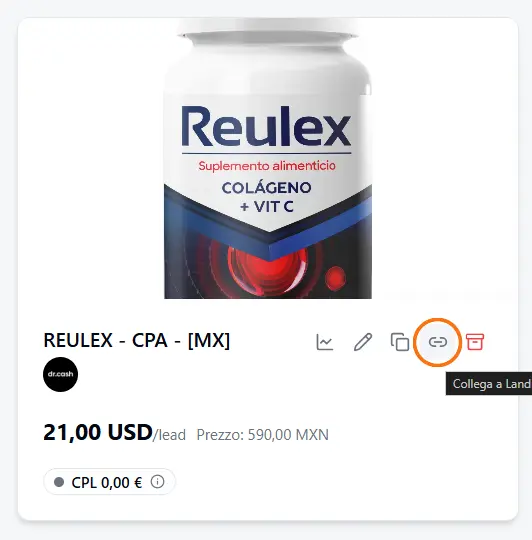 On the offer card, the chain icon «Link to Landing» (highlighted) to tie the offer to your landing pages