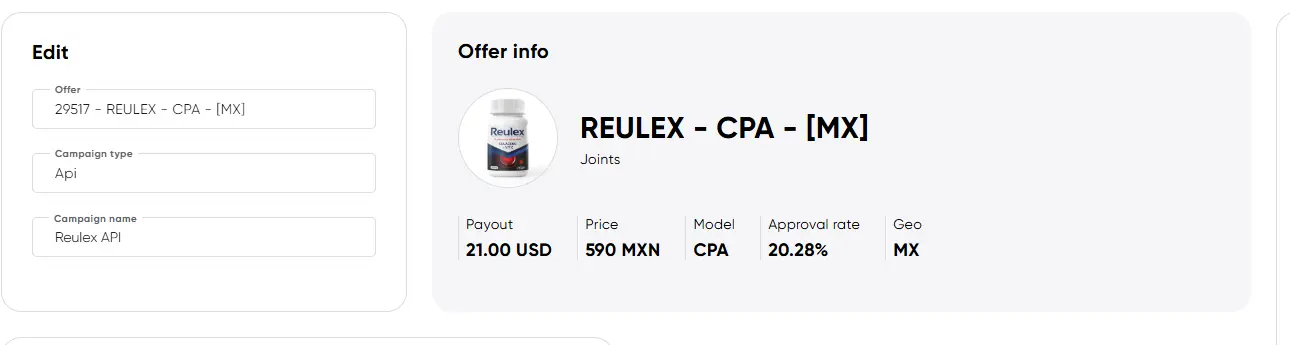 On DrCash: create a campaign linked to the offer, with type «Api»