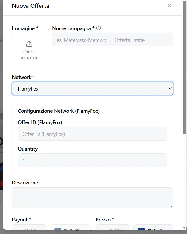The New Offer form with FlamyFox selected: Offer ID and Quantity fields