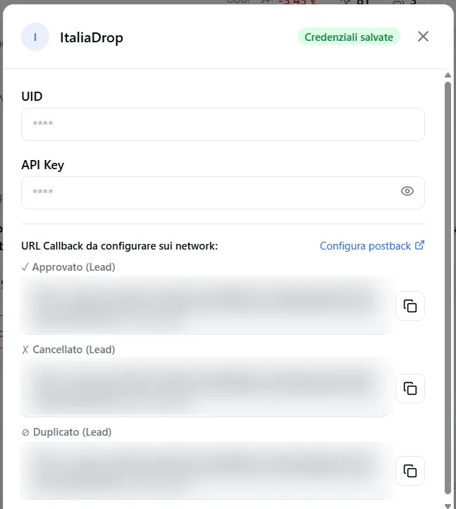The ItaliaDrop card: at the top UID and API Key, below the three callback URLs (approved/cancelled/duplicate) to paste in the panel