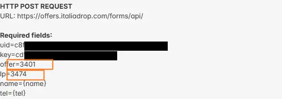 ItaliaDrop's HTTP API window: uid/key (credentials) and offer/lp (offer codes); the sensitive values are redacted here