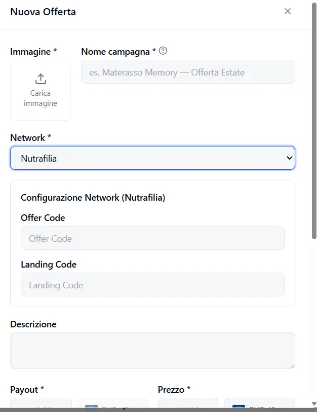 The New Offer form with Nutrafilia selected: Offer Code and Landing Code fields