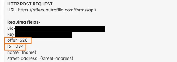 Nutrafilia's HTTP API window: uid/key (credentials) and offer/lp (offer codes); the sensitive values are redacted here