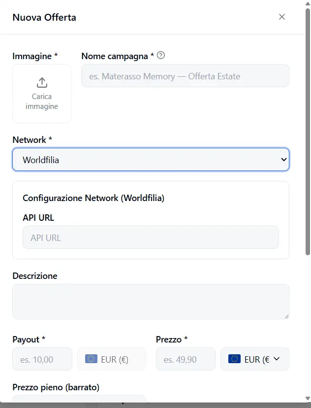 The New Offer form with Worldfilia selected: API URL field