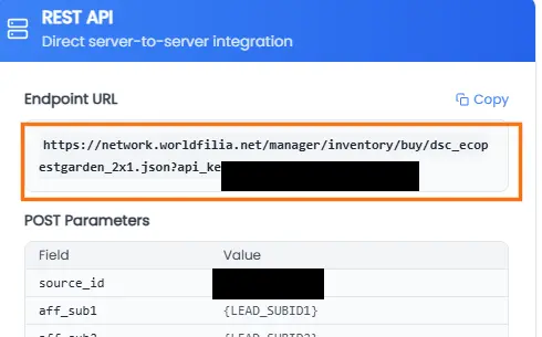 Worldfilia's API documentation: the Endpoint URL (API URL) highlighted; API Key (inside the URL) and Source ID (in the POST Parameters) are here, redacted