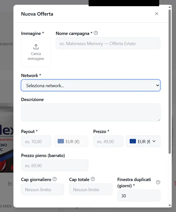 New Offer form with the network selected and the Network Configuration fields