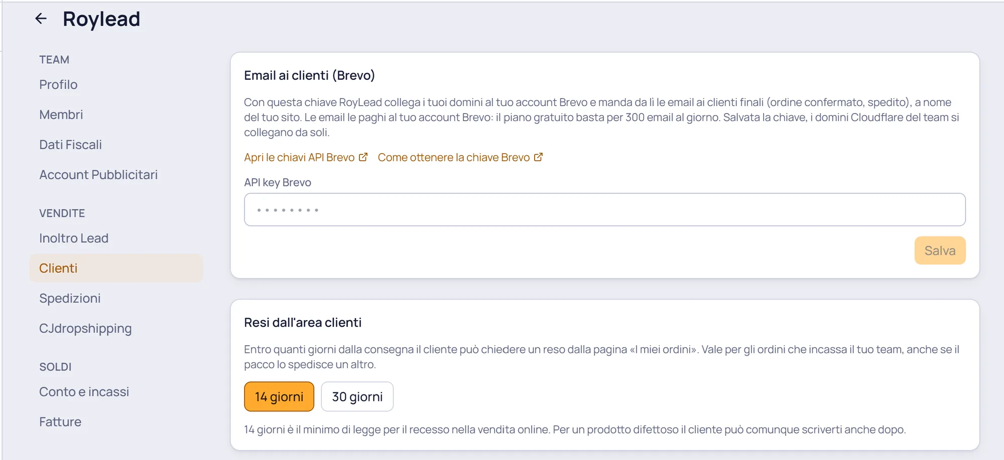 Team → Customers: the Customer emails (Brevo) card where you paste the key