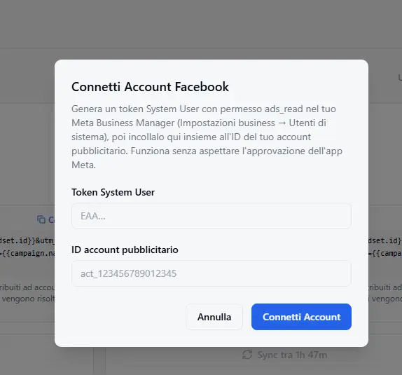 The "Connect Facebook Account" dialog in RoyLead