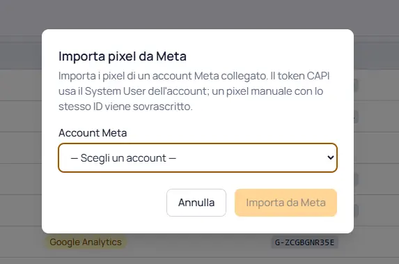 La fenêtre « Importer les pixels depuis Meta » avec le choix du compte
