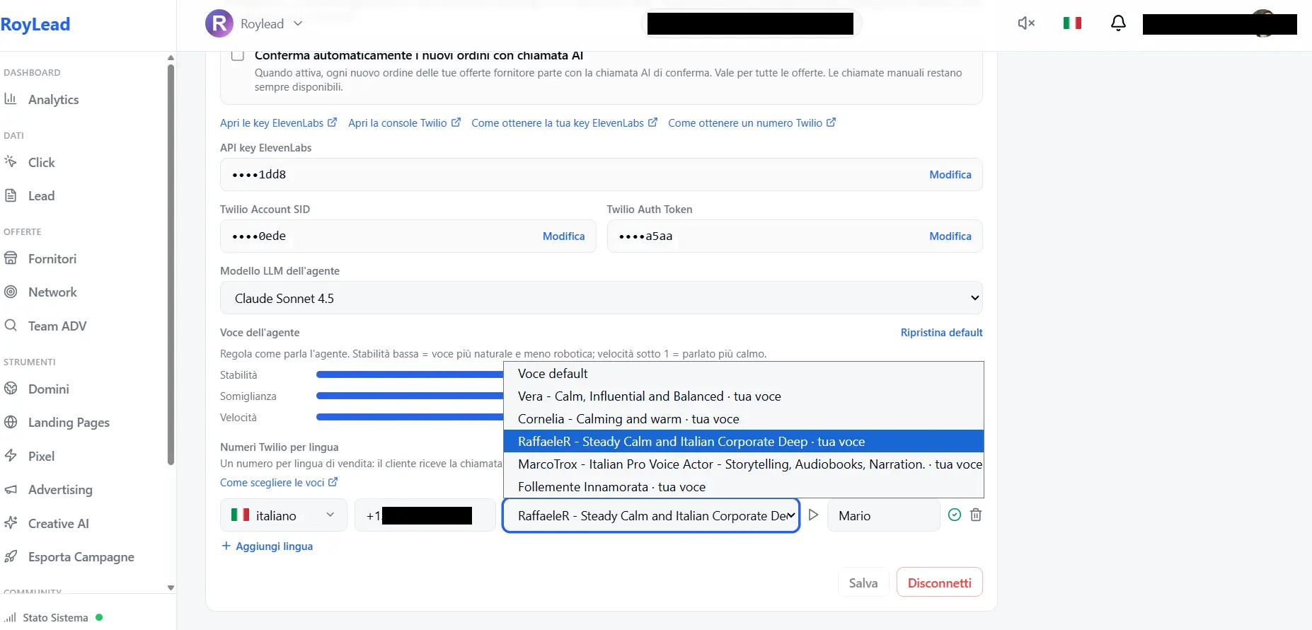 The voice selection menu in RoyLead (AI Tools → Twilio numbers per language)