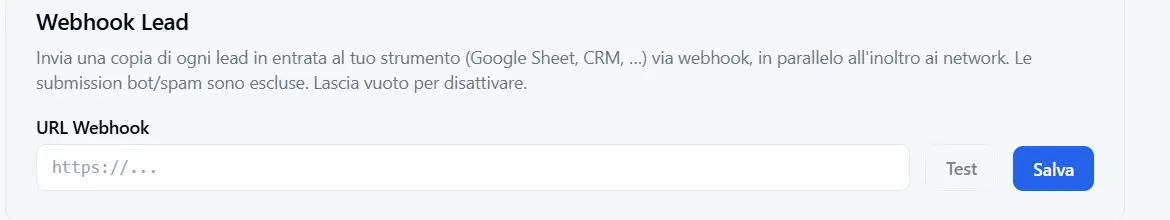 Lead Forwarding tab with the «Lead Webhook» section, the URL field and the Test and Save buttons