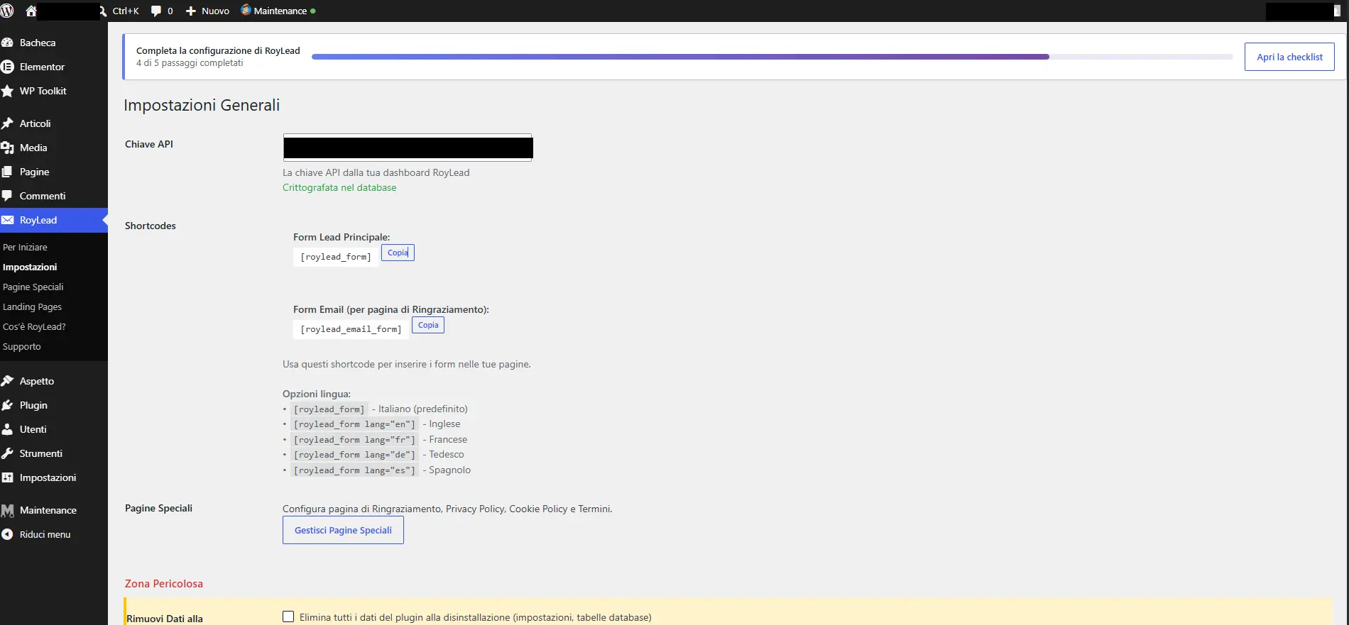 RoyLead → Settings screen in WordPress with the API Key pasted and the confirmation